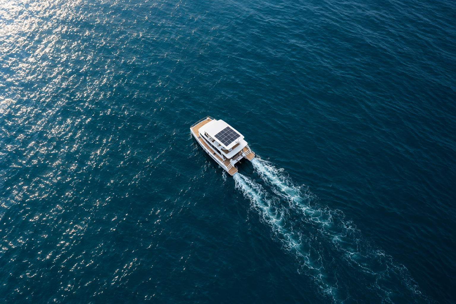MONTARIN E55 electric catamaran with solar roof cruising across open sea