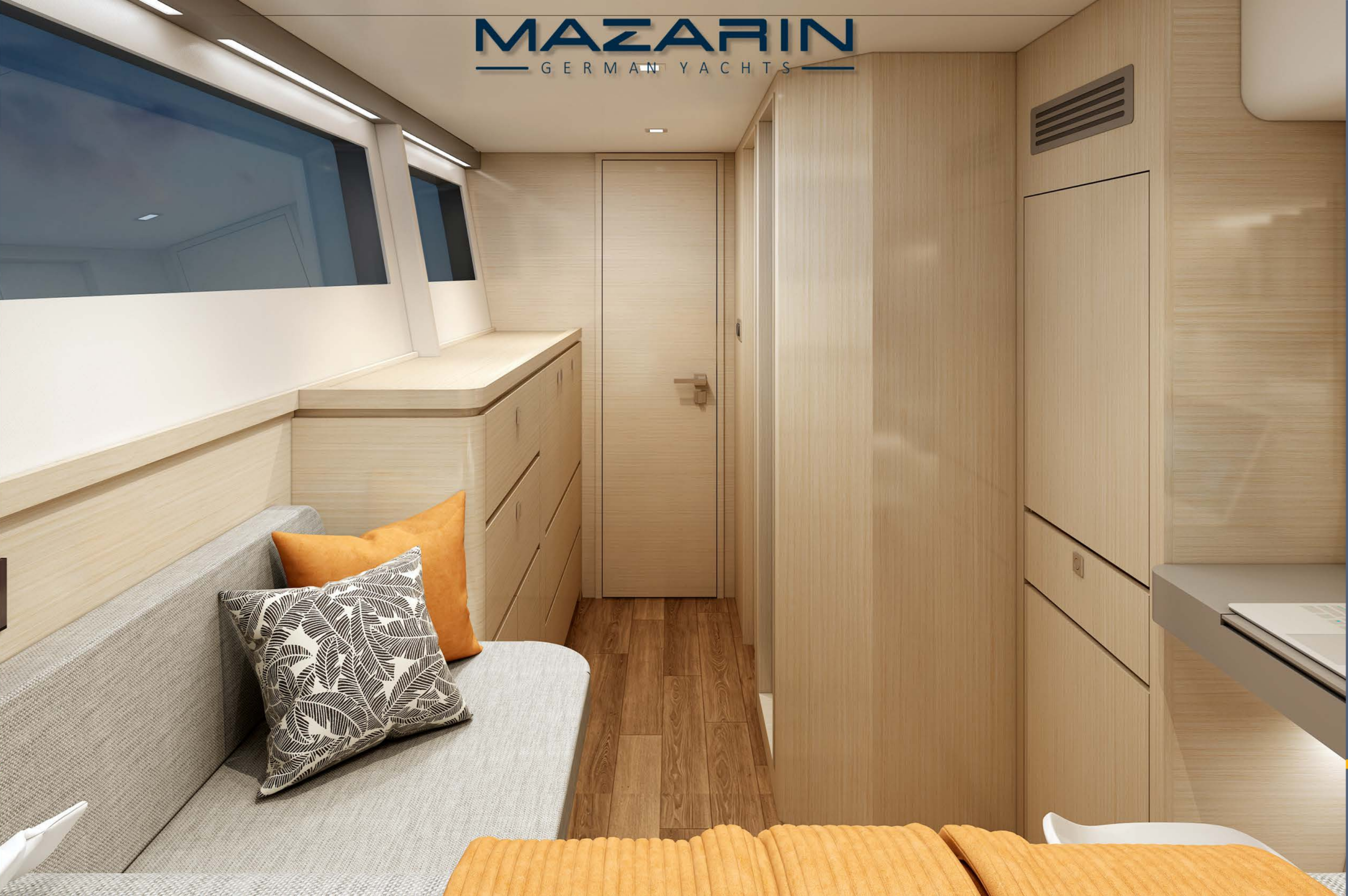 Mazarin Sailing 55 interior detail showing refined cabinetry, woodwork, upholstery and integrated lighting