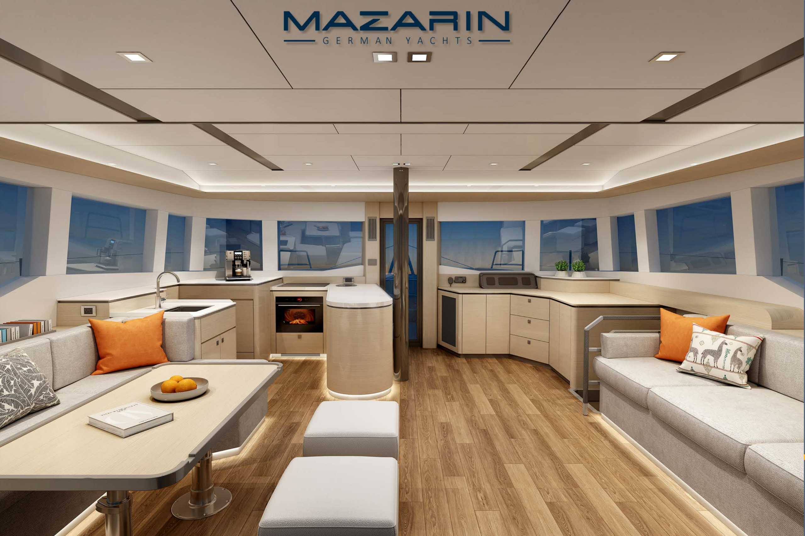 Mazarin Sailing 55 salon interior showing cabinetry, wood finishes, integrated lighting and ceiling detailing